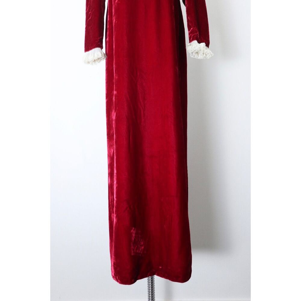 Vintage 1960s Emma Domb Victorian Revival Velvet Maxi Dress Red Lace Ruffle - Picture 3 of 12